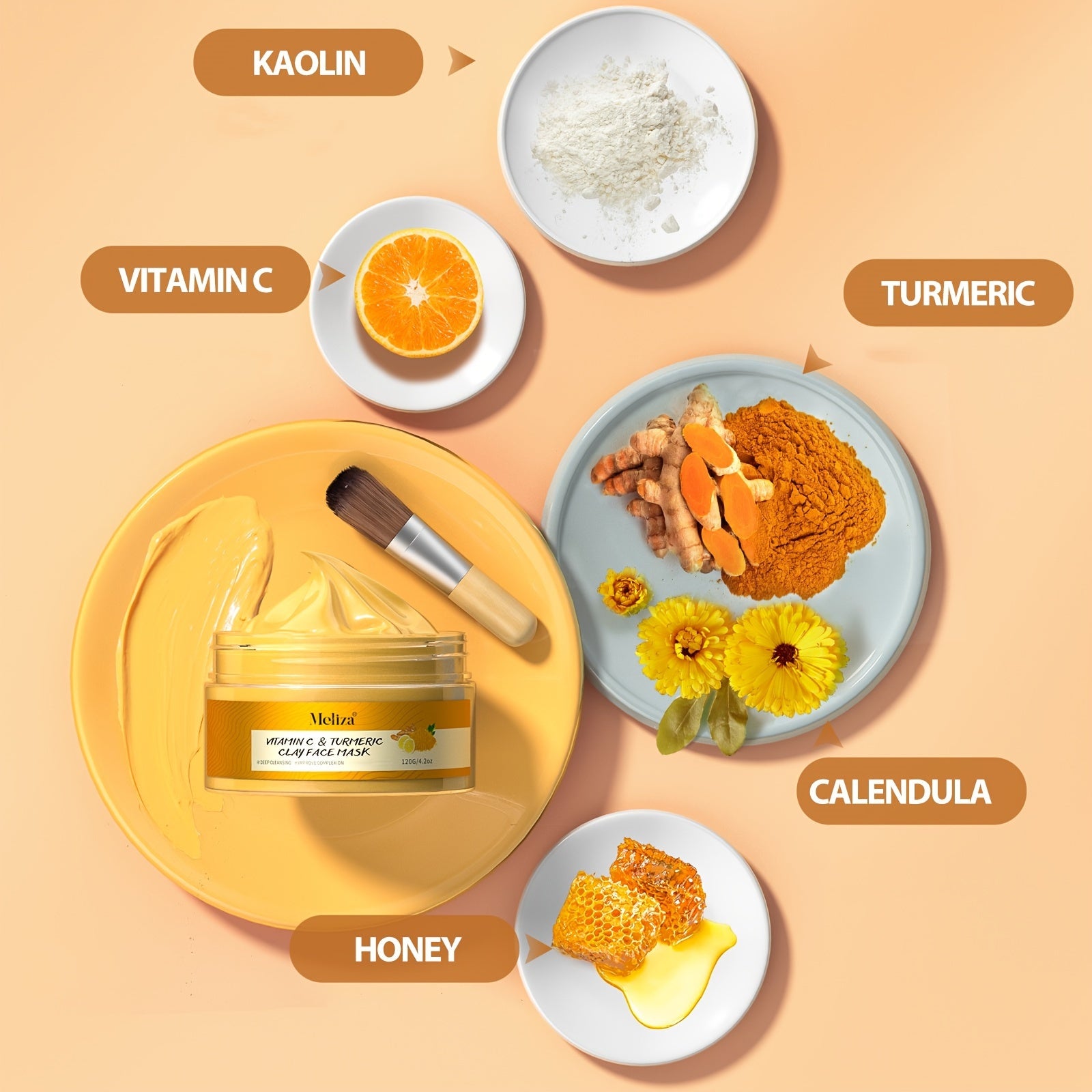 [MELIZA Clay Mask] MELIZA 1pc Turmeric Vitamin C Clay Mask with Applicator Brush | Deep Cleansing & Moisturizing Face Mask for All Skin Types, Combination, and Acne-Prone Skin - 120g/4.2oz, Ideal Mother's Day Gift