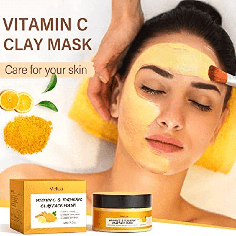 [MELIZA Clay Mask] MELIZA 1pc Turmeric Vitamin C Clay Mask with Applicator Brush | Deep Cleansing & Moisturizing Face Mask for All Skin Types, Combination, and Acne-Prone Skin - 120g/4.2oz, Ideal Mother's Day Gift
