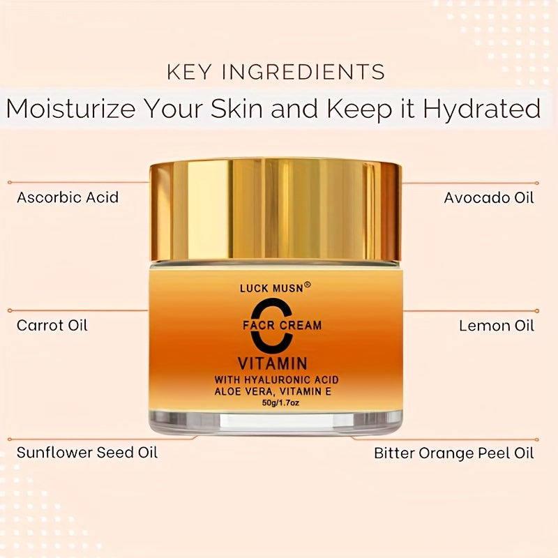 50ml/1.7oz, Vitamin C Face Cream, Hyaluronic Acid & Vitamin E Infused, Moisturizing Cream For Face And Eye Area, Nourishing Skin Care Product For Enhanced Radiance