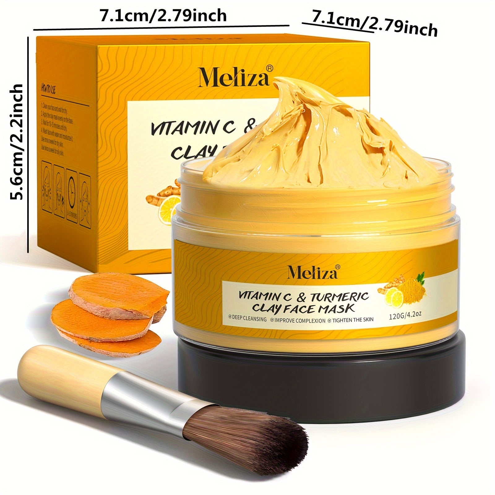 [MELIZA Clay Mask] MELIZA 1pc Turmeric Vitamin C Clay Mask with Applicator Brush | Deep Cleansing & Moisturizing Face Mask for All Skin Types, Combination, and Acne-Prone Skin - 120g/4.2oz, Ideal Mother's Day Gift