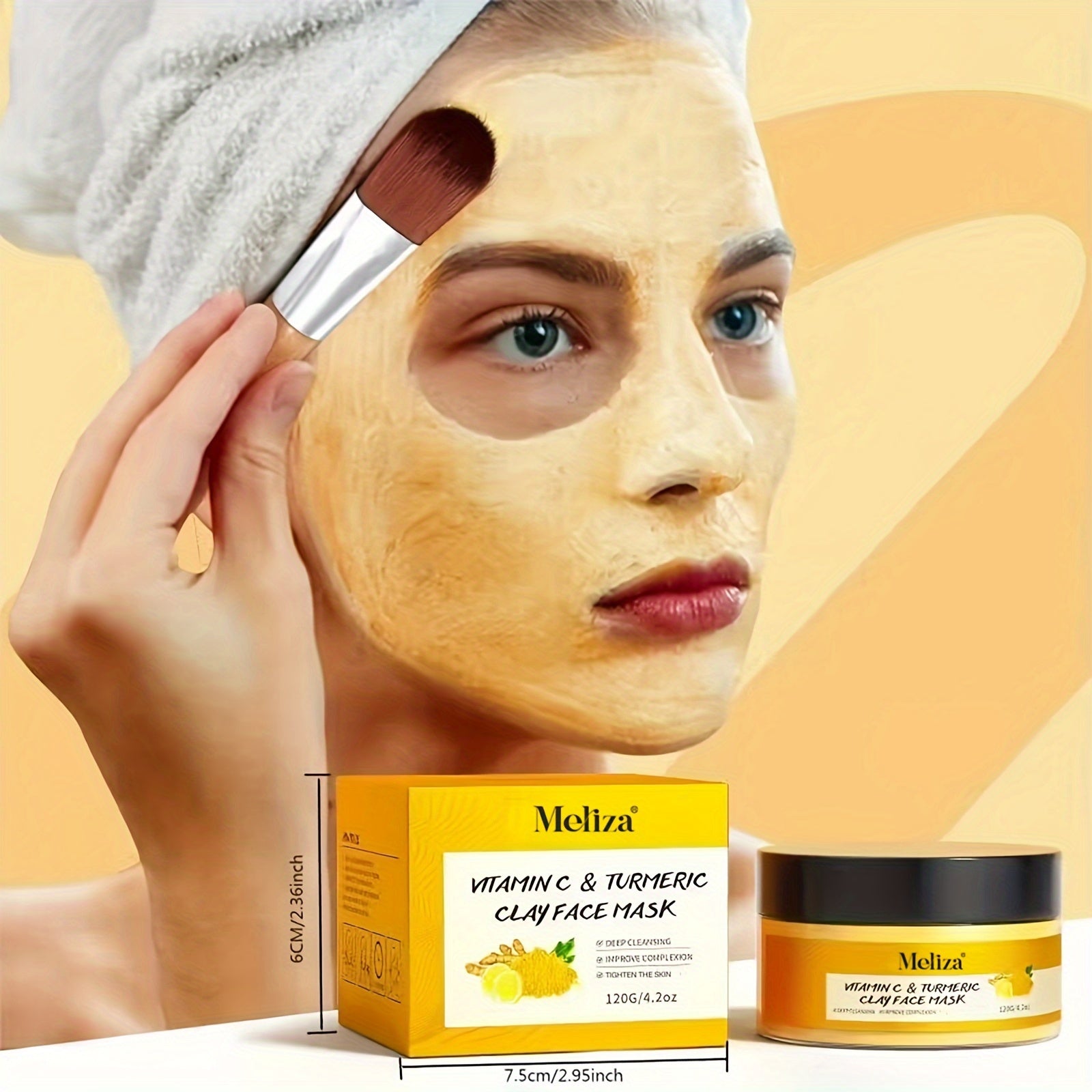 [MELIZA Clay Mask] MELIZA 1pc Turmeric Vitamin C Clay Mask with Applicator Brush | Deep Cleansing & Moisturizing Face Mask for All Skin Types, Combination, and Acne-Prone Skin - 120g/4.2oz, Ideal Mother's Day Gift