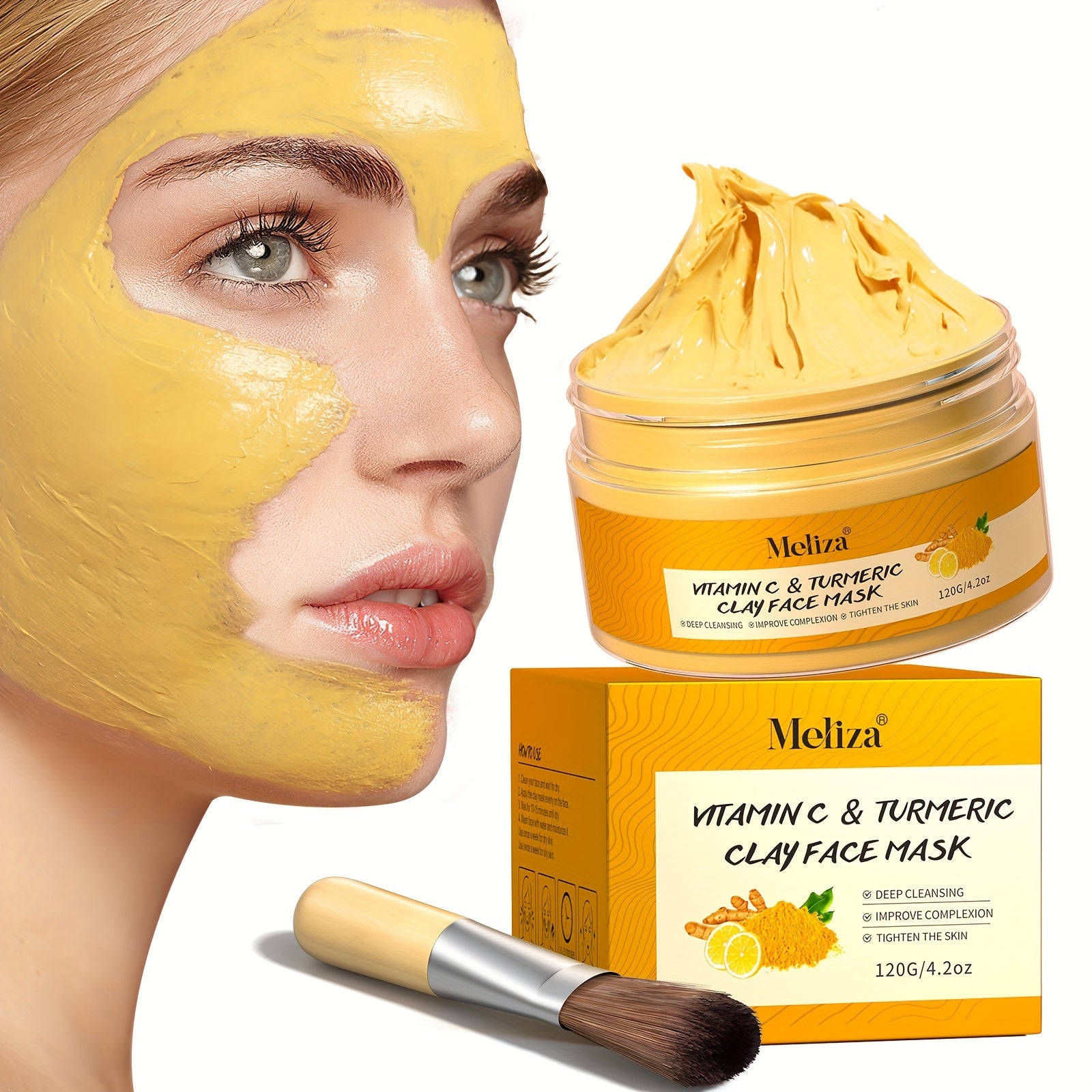 [MELIZA Clay Mask] MELIZA 1pc Turmeric Vitamin C Clay Mask with Applicator Brush | Deep Cleansing & Moisturizing Face Mask for All Skin Types, Combination, and Acne-Prone Skin - 120g/4.2oz, Ideal Mother's Day Gift