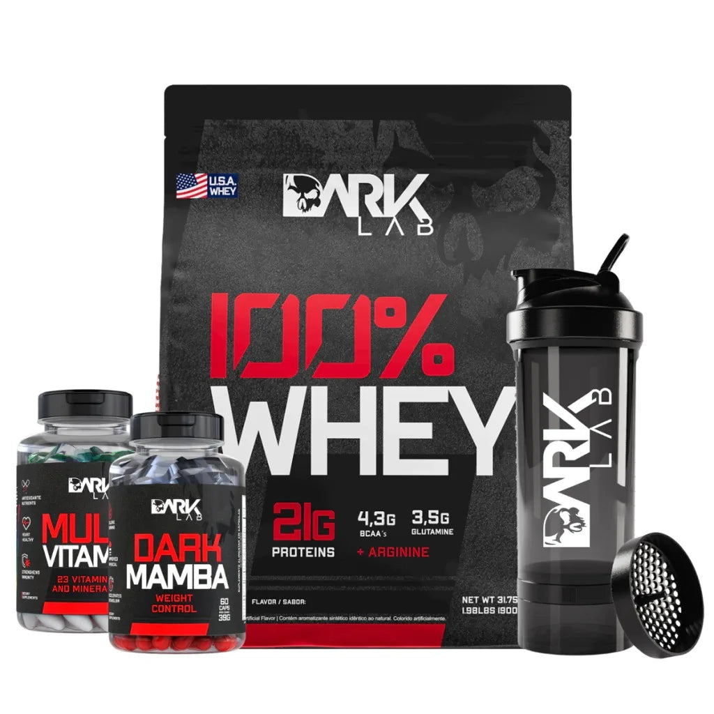 DARK LAB - KIT 100% Whey Refill 900g Dark Mamba Multivitamin 60 Capsules + Premium Cocktail Shakher 700ml - Dark Lab