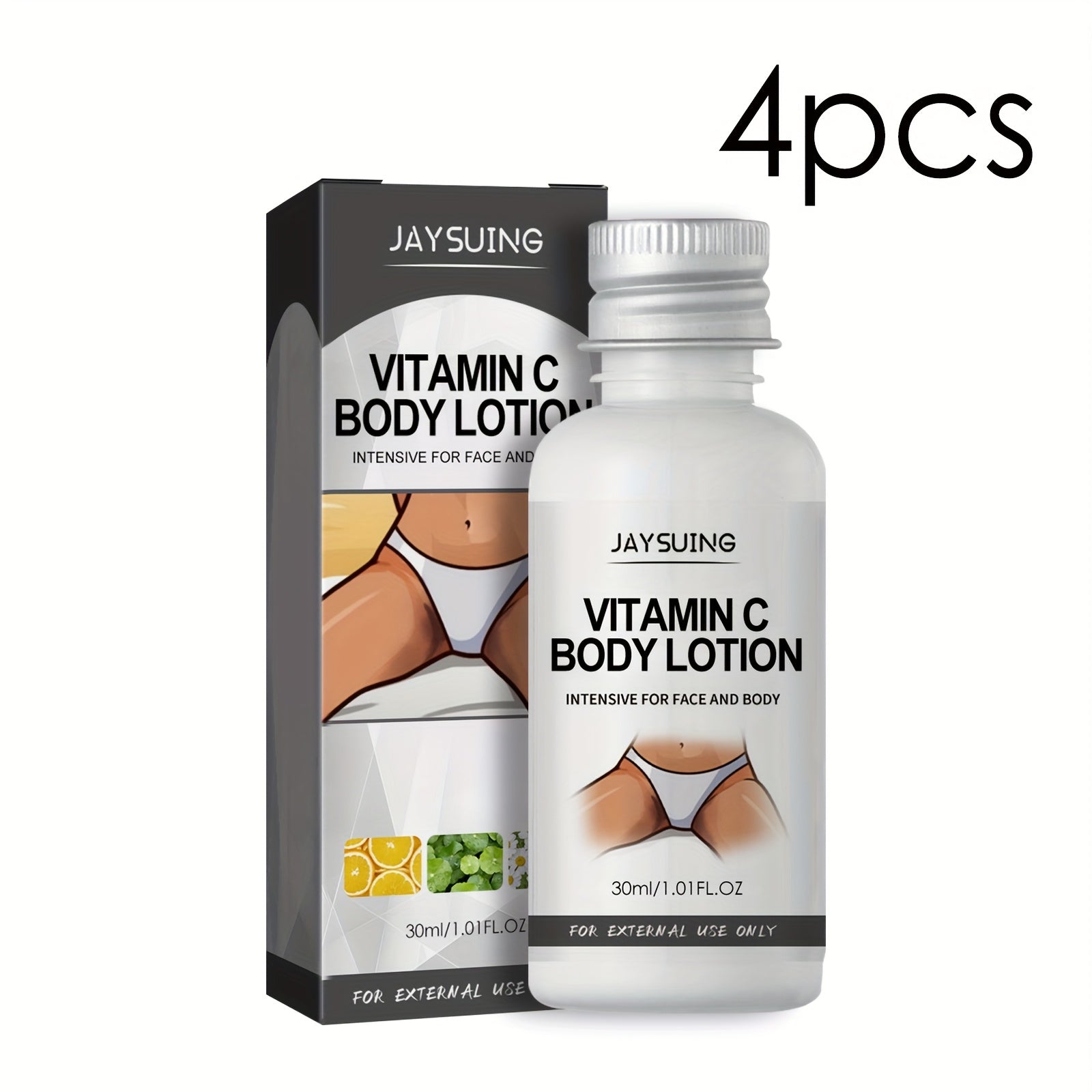 4-Pack JAYSUING Vitamin C Body Lotion, 1.01oz Each, Hypoallergenic Moisturizing Formula for All Skin Types, Niacinamide & Centella Asiatica Extract, Unscented, Glycerin-Enriched, Unisex-Adult