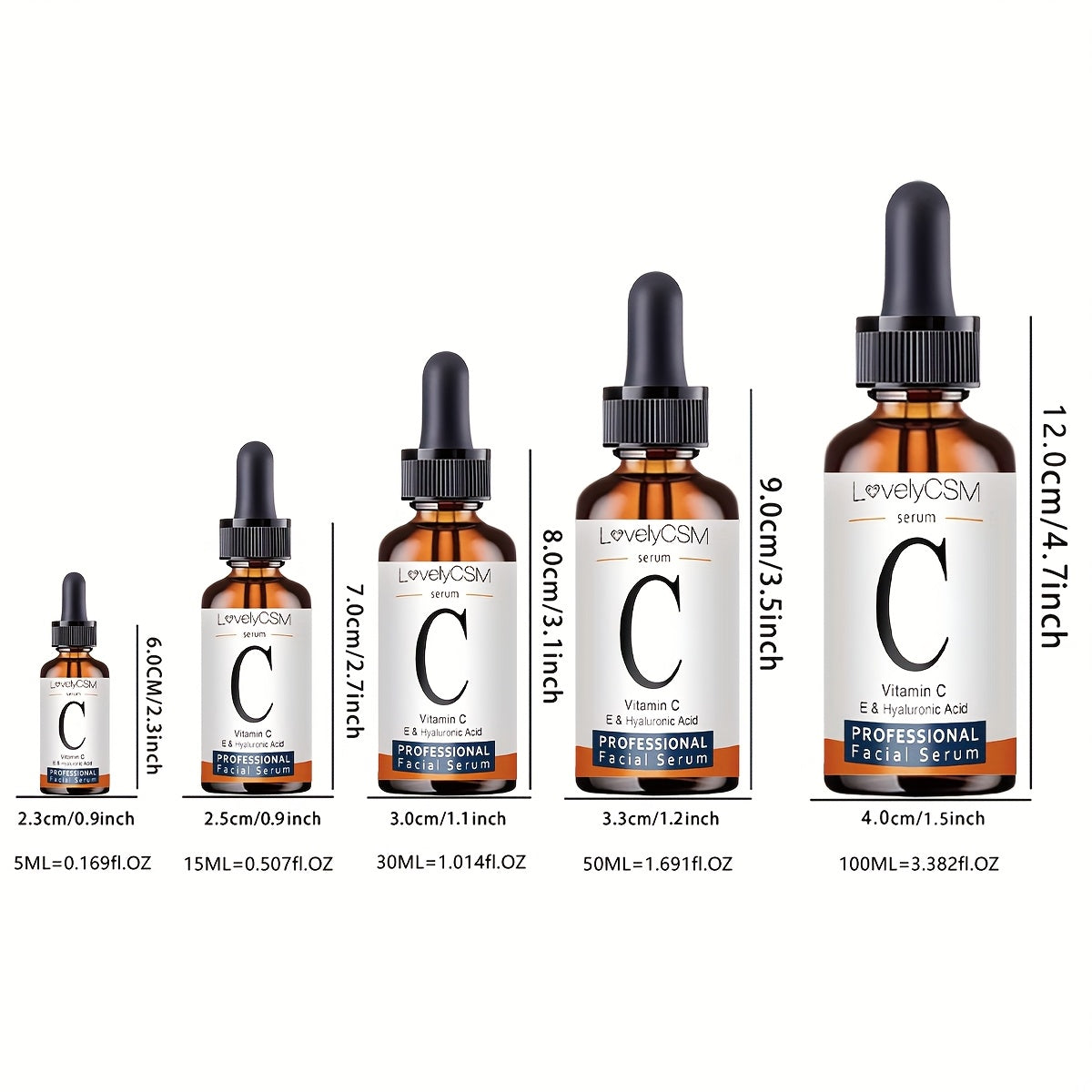 5ml/15ml/30ml/50ml LovelySm C Professional Facial Serum, Vitamin C, Vitamin E and Hyaluronic Acid, Moisturizing, Nourishing, Hydrating, Alcohol-Free, for All Skin Type
