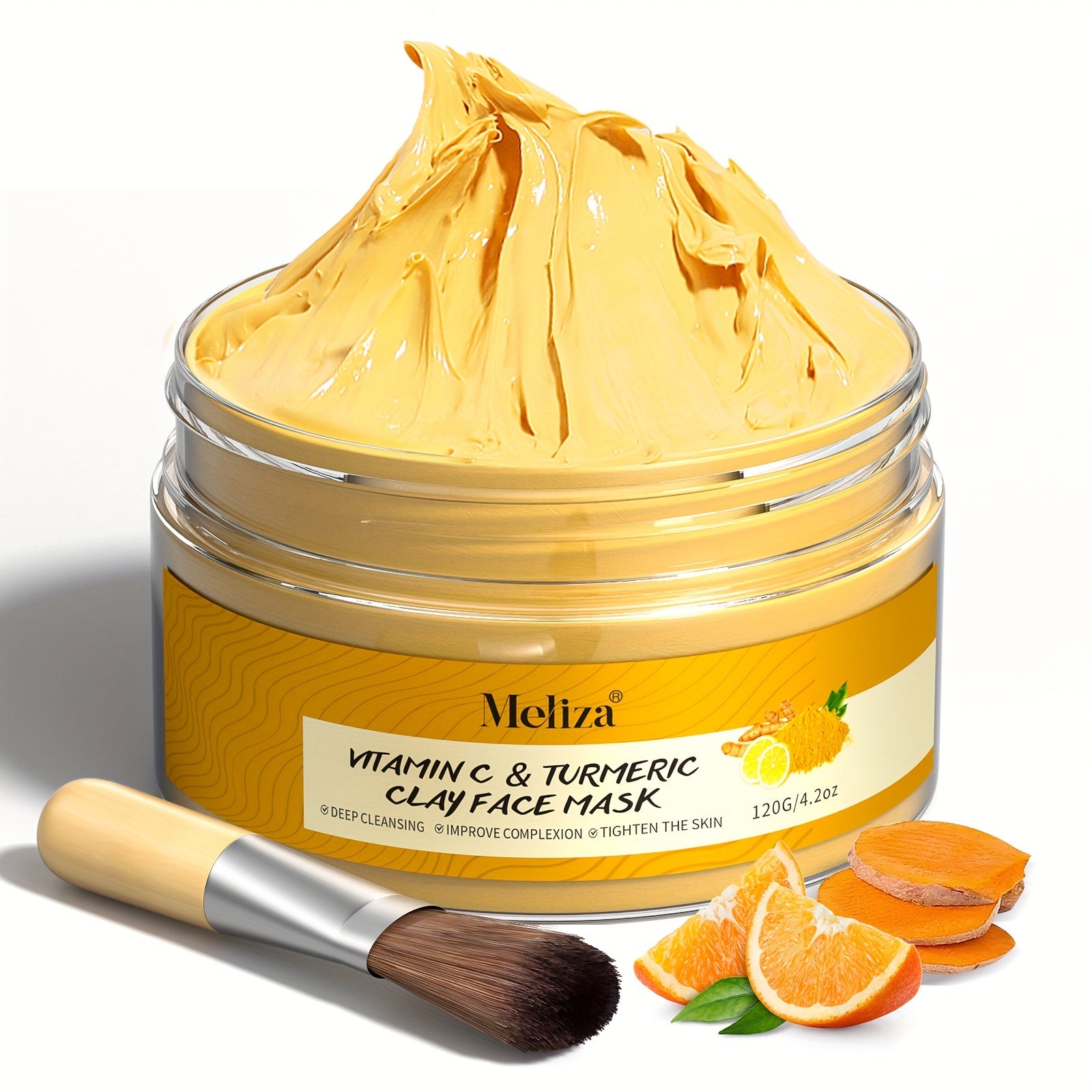 [MELIZA Clay Mask] MELIZA 1pc Turmeric Vitamin C Clay Mask with Applicator Brush | Deep Cleansing & Moisturizing Face Mask for All Skin Types, Combination, and Acne-Prone Skin - 120g/4.2oz, Ideal Mother's Day Gift