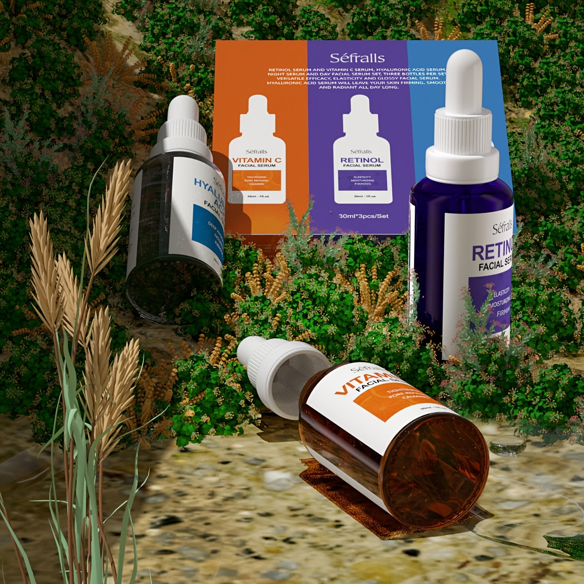 Seffralls Hyaluronic Acid VC Essence Set 1.01oz*3pcs with Vitamin-C Vitamin-A and Hyaluronic Acid Serum for Glistening, Firming Hydrating Dry Skin Serum for Firm Gift Festival Travel Set